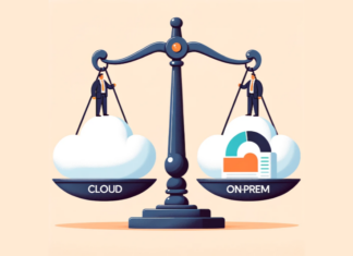 Illustration of a cloud with a balance scale inside, one side representing 'Cloud' and the other 'On-Prem', showing the balance enterprises are trying.