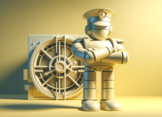 A futuristic robot with a security guard hat, standing imposingly with its arms crossed, guarding a data vault.